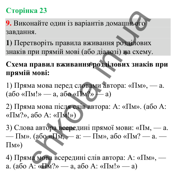 Відповідь до вправи 9 (§ 6, с. 23) з української мови для 9 класу (Голуб, 2026): Розділові знаки при прямій мові й діалозі:…