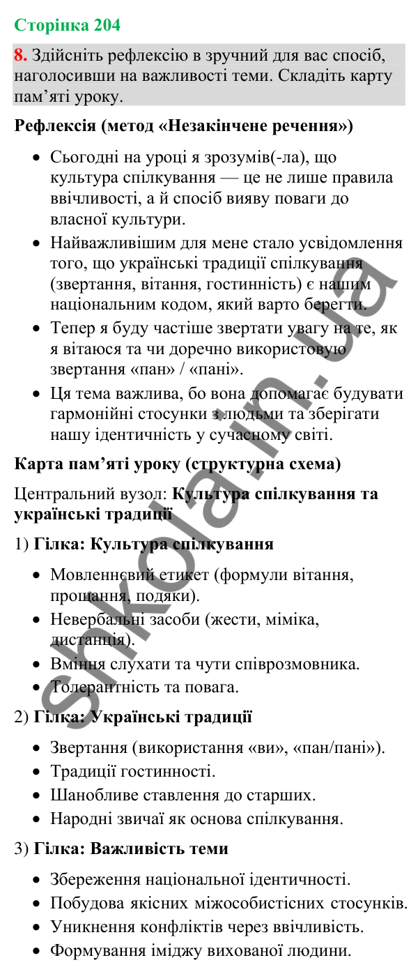 Відповідь до вправи 8 (§ 61, с. 204) з української мови для 9 класу (Голуб, 2026): Культура спілкування. Українські традиції
