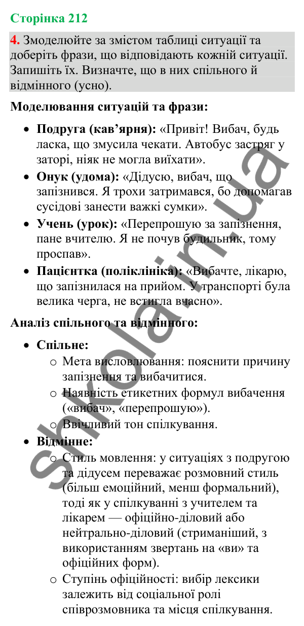 Відповідь до вправи 4 (§ 64, с. 212) з української мови для 9 класу (Голуб, 2026): Урахування ситуації спілкування. Контекст