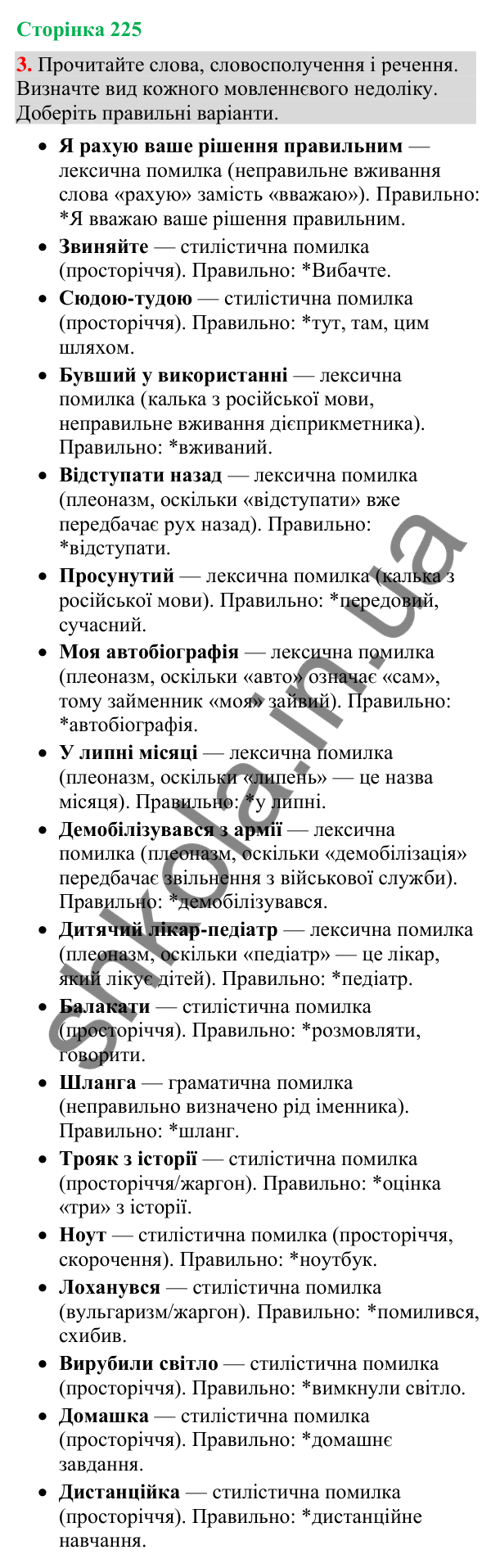 Відповідь до вправи 3 (§ 68, с. 225) з української мови для 9 класу (Голуб, 2026): Мовленнєві недоліки