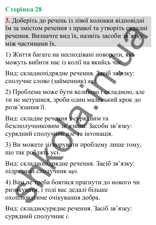 Відповідь до вправи 3 (§ 8, с. 28) з української мови для 9 класу (Голуб, 2026): Складні речення зі сполучниковим (сурядним…