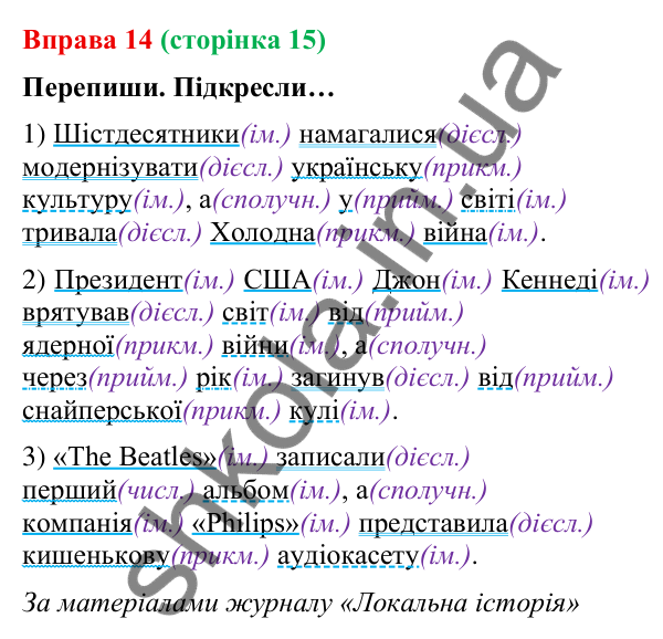 Відповідь до вправи 14 (с. 15) з української мови для 9 класу (Онатій, 2026): Головні та другорядні члени речення