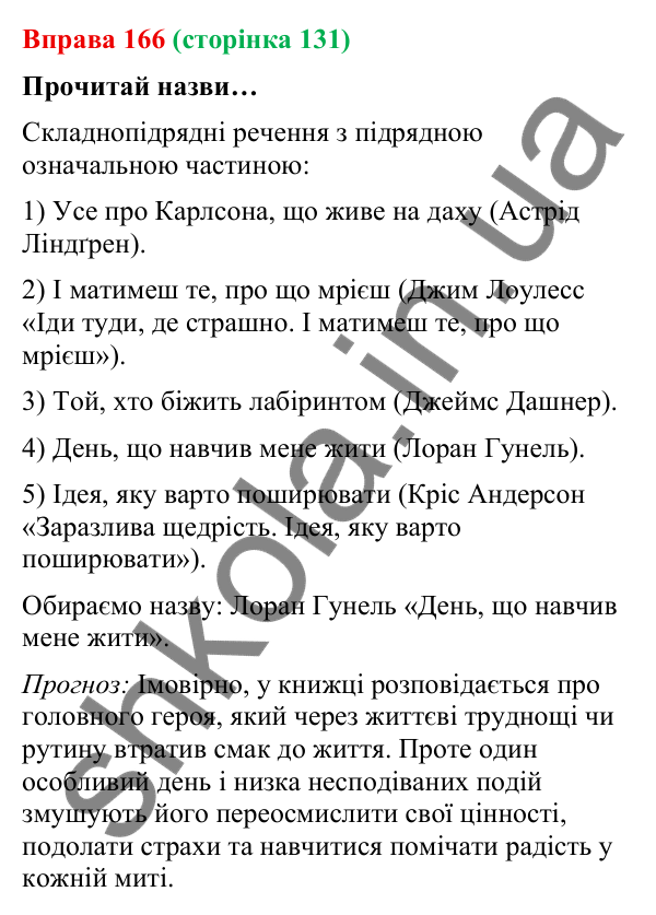 Відповідь до вправи 166 (с. 131) з української мови для 9 класу (Онатій, 2026): Складнопідрядні речення з підрядними…