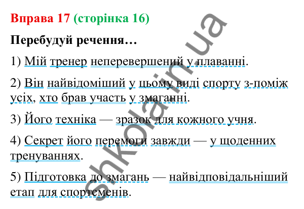 Відповідь до вправи 17 (с. 16) з української мови для 9 класу (Онатій, 2026): Головні та другорядні члени речення