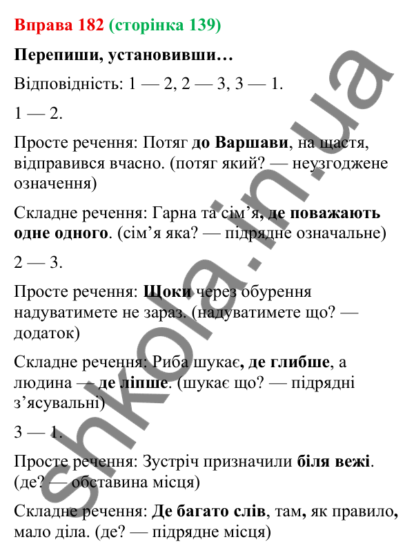 Відповідь до вправи 182 (с. 139) з української мови для 9 класу (Онатій, 2026): Складнопідрядні речення з підрядними місця