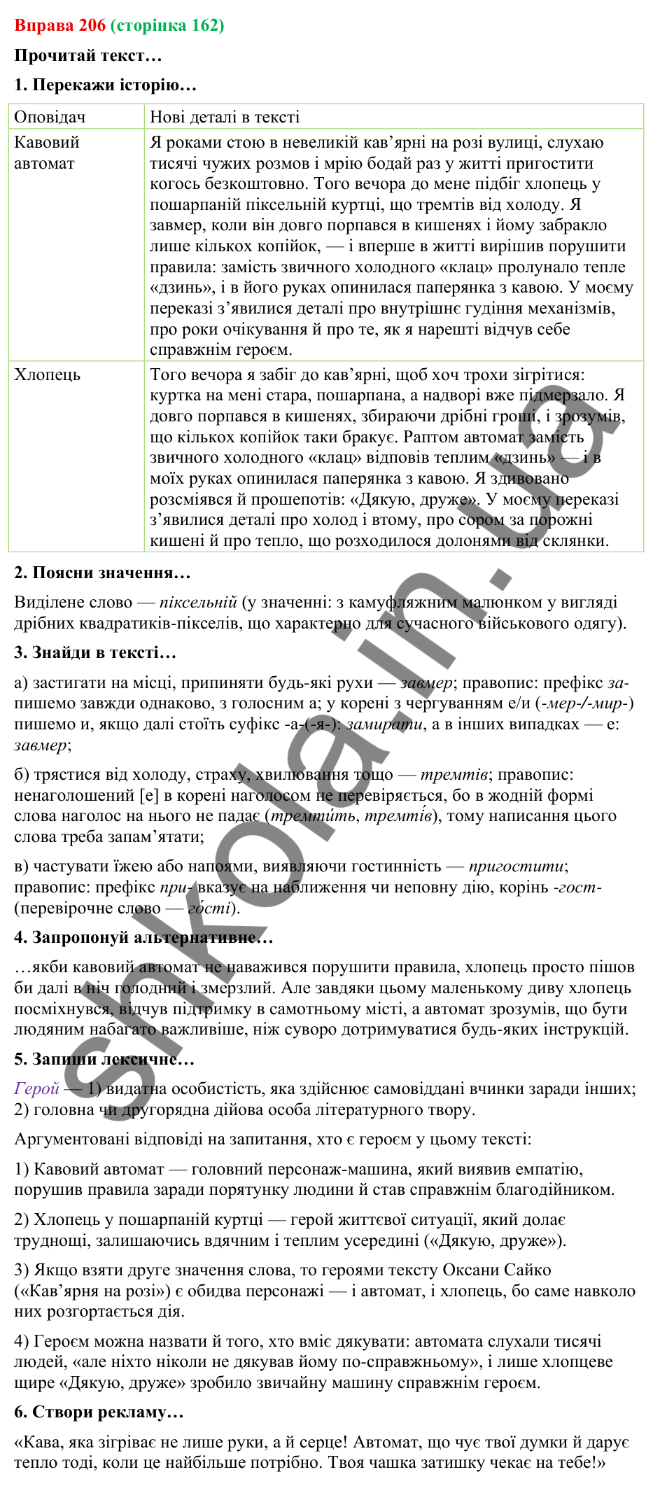 Відповідь до вправи 206 (с. 162) з української мови для 9 класу (Онатій, 2026): Творчий переказ