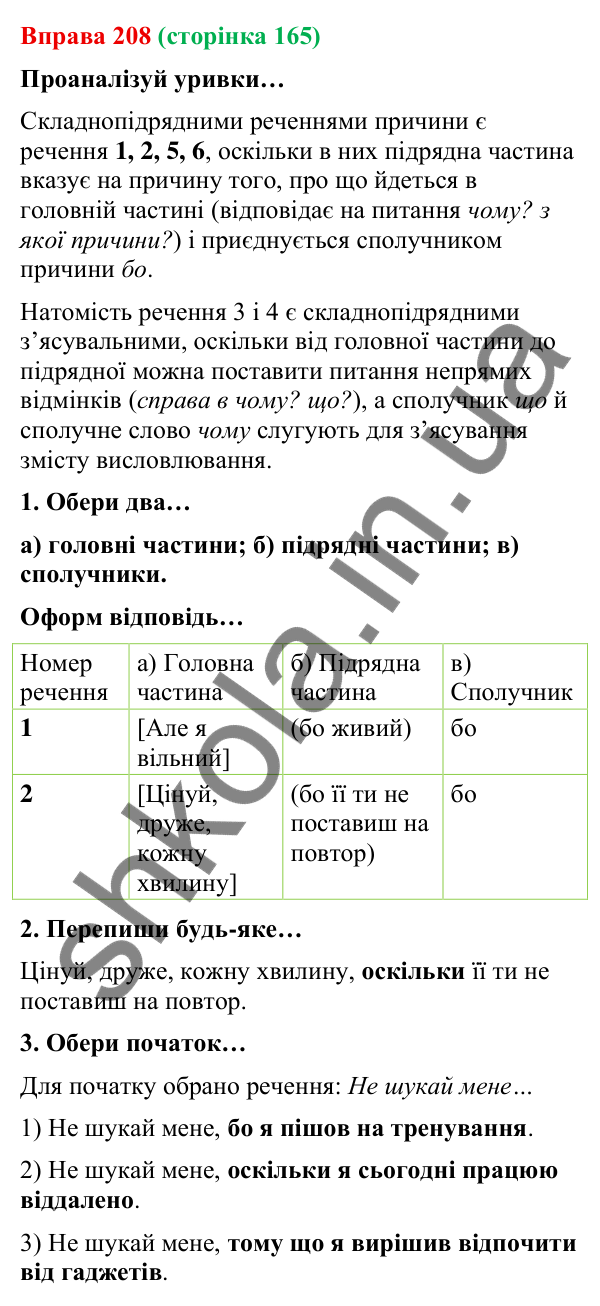 Відповідь до вправи 208 (с. 165) з української мови для 9 класу (Онатій, 2026): Складнопідрядні речення з підрядними…