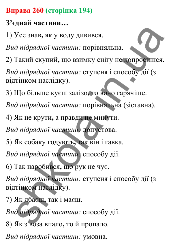 Відповідь до вправи 260 (с. 194) з української мови для 9 класу (Онатій, 2026): Складнопідрядні речення з підрядними…