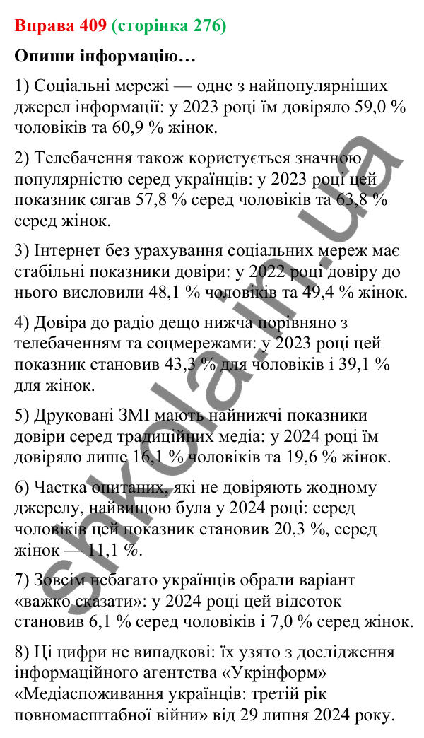 Відповідь до вправи 409 (с. 276) з української мови для 9 класу (Онатій, 2026): Безсполучникове складне речення. Повторення