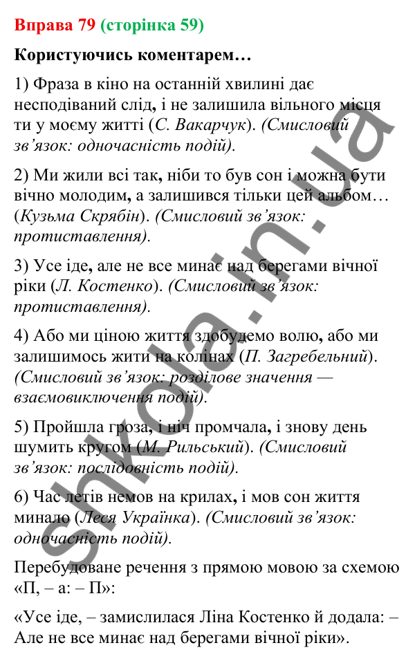 Відповідь до вправи 79 (с. 59) з української мови для 9 класу (Онатій, 2026): Складносурядне речення. Смислові зв’язки між…