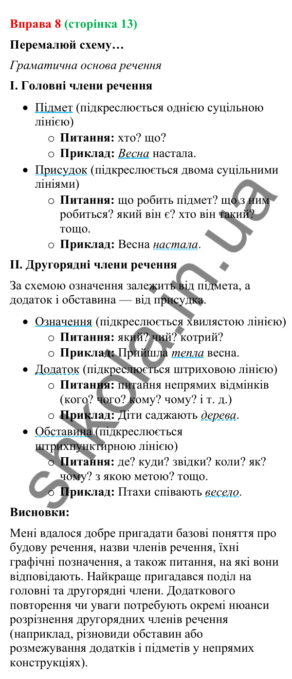 Відповідь до вправи 8 (с. 13) з української мови для 9 класу (Онатій, 2026): Головні та другорядні члени речення