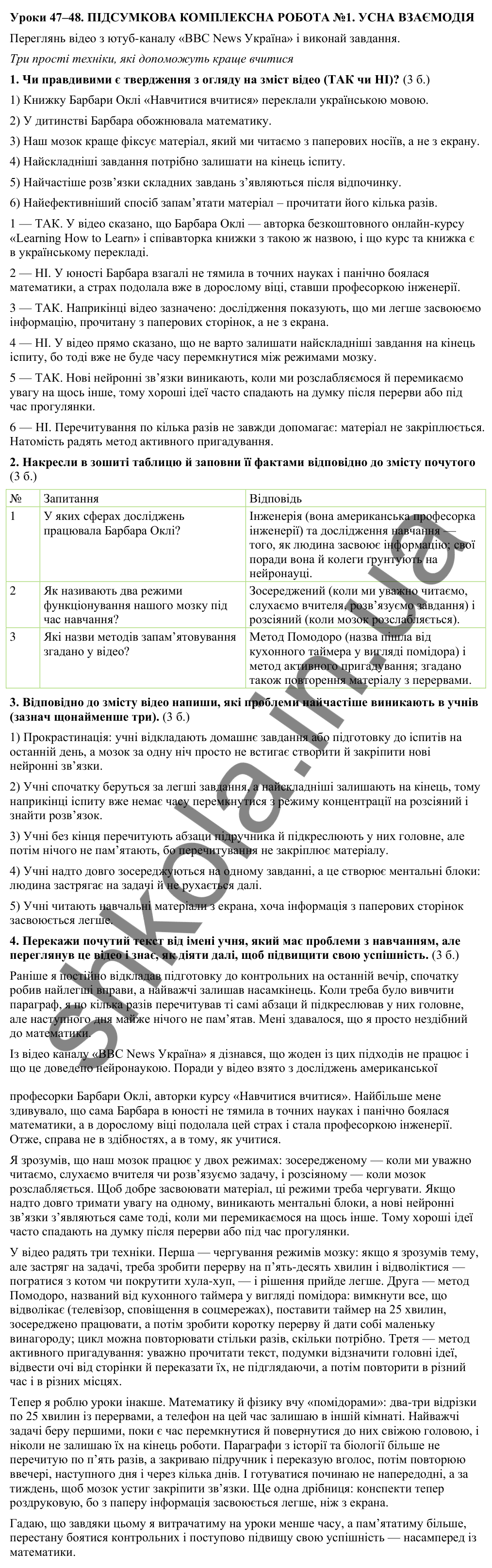Відповіді до підсумкової комплексної роботи № 1: усна взаємодія (с. 158) з української мови для 9 класу (Онатій, 2026)