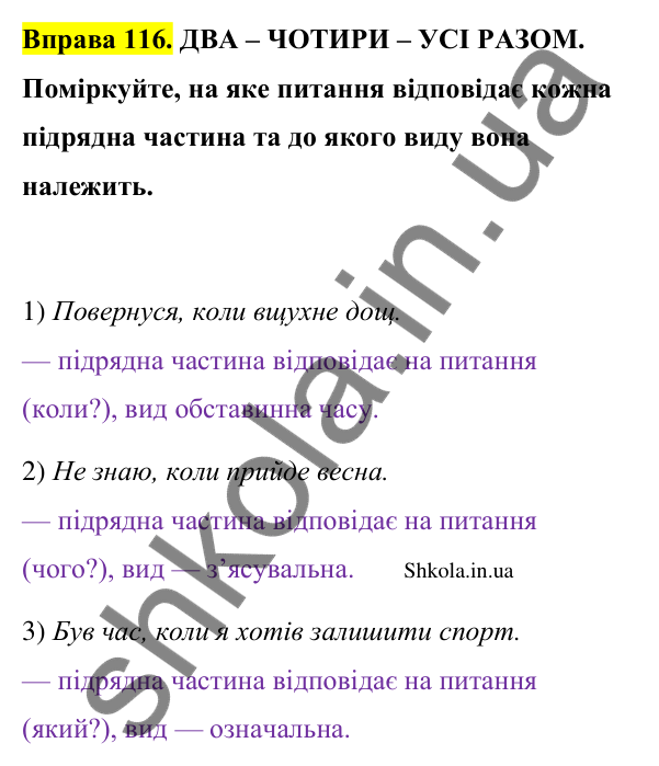Відповідь до вправи 116 (с. 66) з української мови для 9 класу (Заболотний, 2026): Види складнопідрядних речень
