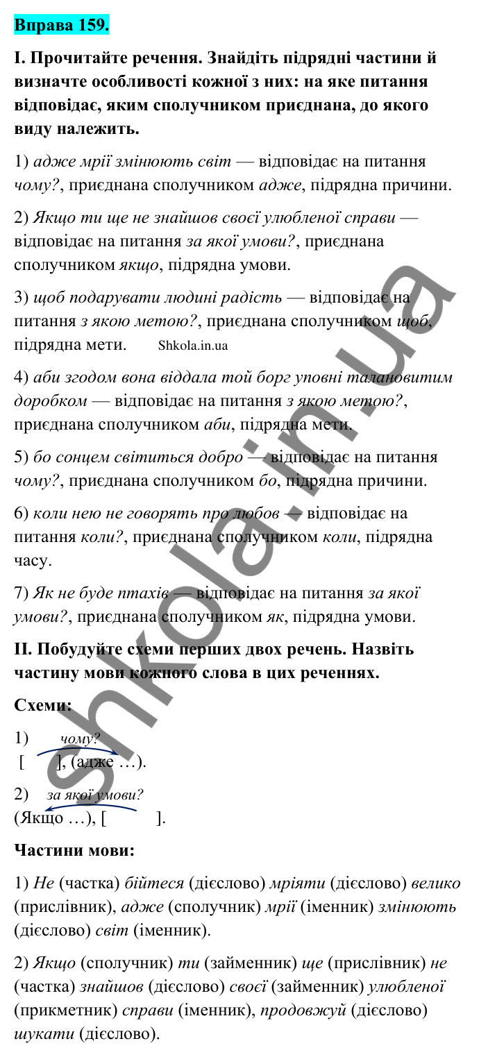 Відповідь до вправи 159 (с. 89) з української мови для 9 класу (Заболотний, 2026): Складнопідрядні речення з підрядними умови, причини…