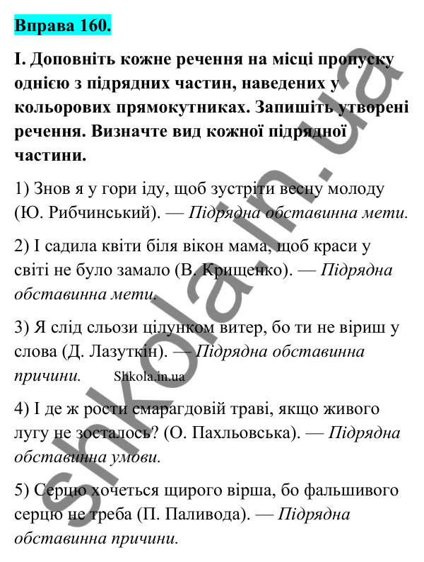 Відповідь до вправи 160 (с. 90) з української мови для 9 класу (Заболотний, 2026): Складнопідрядні речення з підрядними умови, причини…