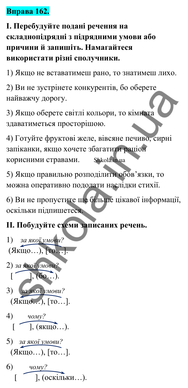 Відповідь до вправи 162 (с. 90) з української мови для 9 класу (Заболотний, 2026): Складнопідрядні речення з підрядними умови, причини…
