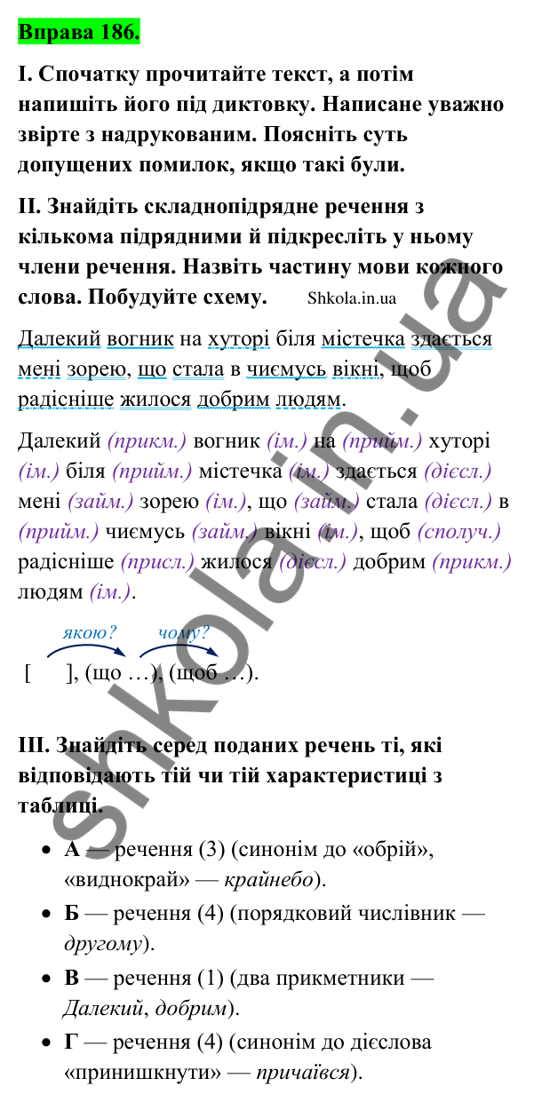 Відповідь до вправи 186 (с. 101) з української мови для 9 класу (Заболотний, 2026): Складнопідрядні речення з кількома підрядними…