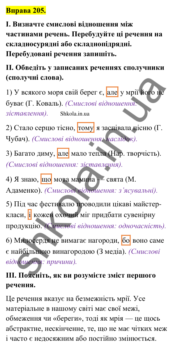 Відповідь до вправи 205 (с. 113) з української мови для 9 класу (Заболотний, 2026): Особливості складного безсполучникового речення