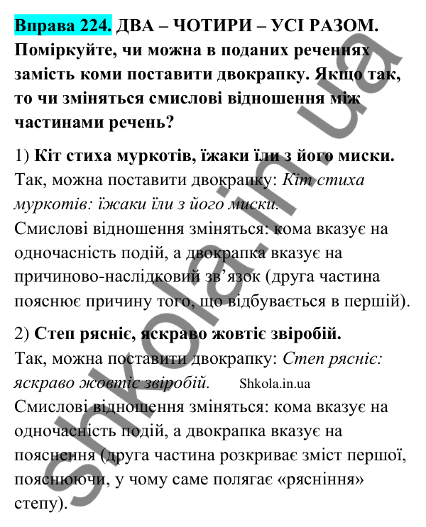 Відповідь до вправи 224 (с. 121) з української мови для 9 класу (Заболотний, 2026): Двокрапка між частинами безсполучникового речення