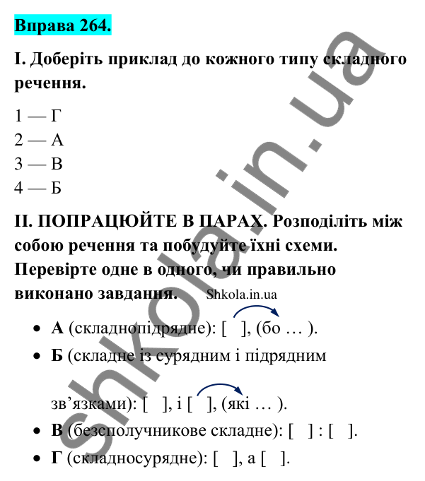 Відповідь до вправи 264 (с. 140) з української мови для 9 класу (Заболотний, 2026): Складне речення із сурядним і підрядним зв’язками