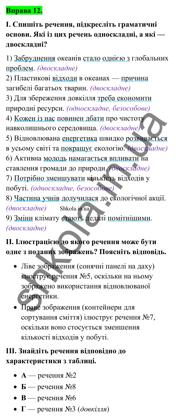 Відповідь до вправи 12 (с. 11) з української мови для 9 класу (Заболотний, 2026): Головні члени речення