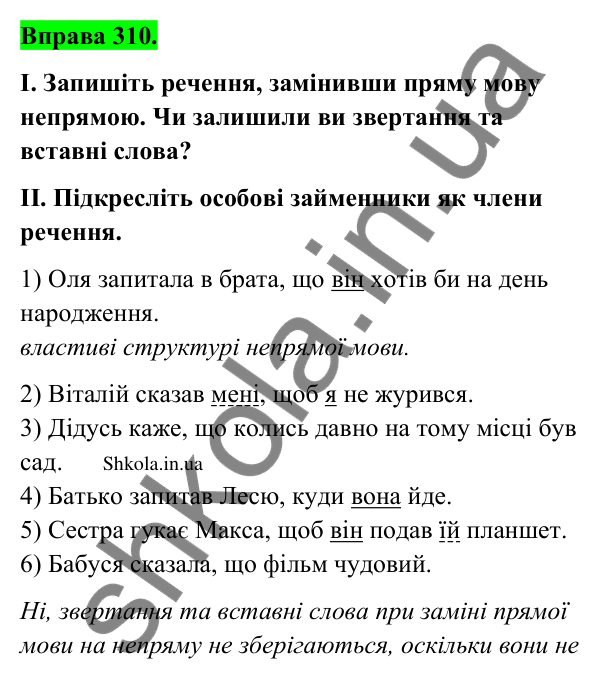 Відповідь до вправи 310 (с. 162) з української мови для 9 класу (Заболотний, 2026): Непряма мова. Заміна прямої мови непрямою