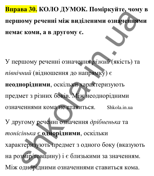 Відповідь до вправи 30 (с. 19) з української мови для 9 класу (Заболотний, 2026): Однорідні члени речення