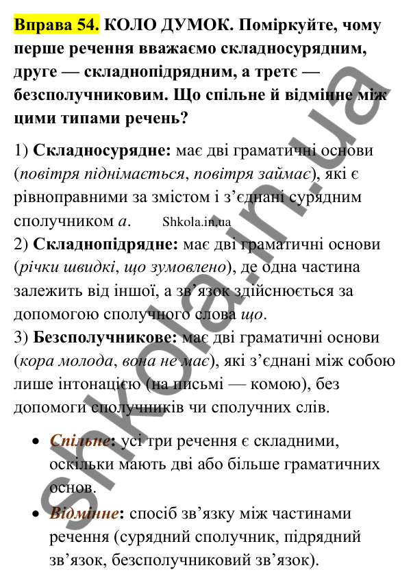 Відповідь до вправи 54 (с. 33) з української мови для 9 класу (Заболотний, 2026): Особливості складного речення