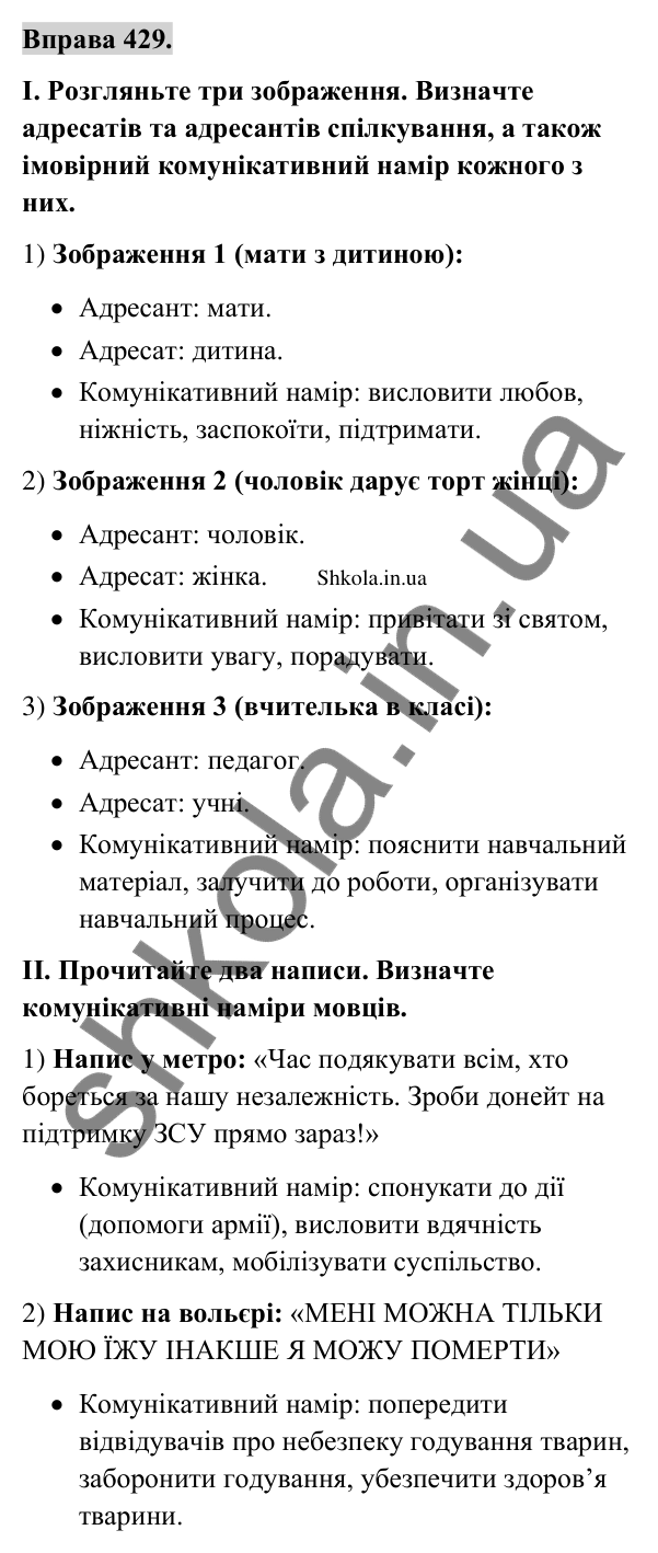 Відповідь до вправи 429 (с. 211) з української мови для 9 класу (Заболотний, 2026): Спілкування. Комунікативні наміри…