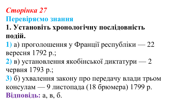 Відповідь до завдання 1 § 3 (с. 27) зі всесвітньої історії для 9 класу, Ладиченко 2026: Французька революція кінця XVIII ст.
