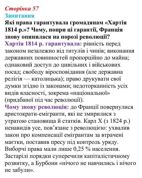 Відповідь до питання 1 на с. 57 (§ 8) зі всесвітньої історії для 9 класу, Ладиченко 2026: Франція в період Реставрації...
