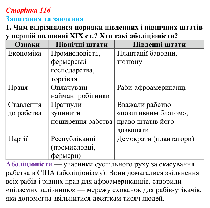 Відповідь до завдання 1 § 12 (с. 116) зі всесвітньої історії для 9 класу, Полянський 2026: Громадянська війна в США...