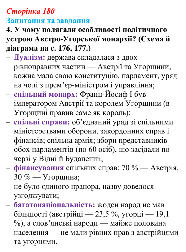 Відповідь до завдання 4 § 19 (с. 180) зі всесвітньої історії для 9 класу, Полянський 2026: Австро-Угорщина — дуалістична...