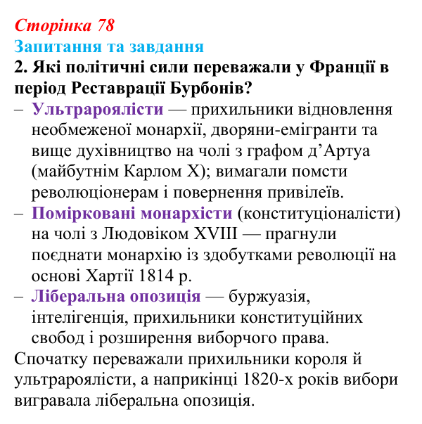 Відповідь до завдання 2 § 7 (с. 78) зі всесвітньої історії для 9 класу, Полянський 2026: Франція в період Реставрації...