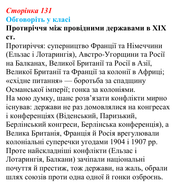 Відповідь до завдання «Обговоріть у класі» § 18 (с. 131) зі всесвітньої історії для 9 класу, Пометун 2026: Міжнародні...