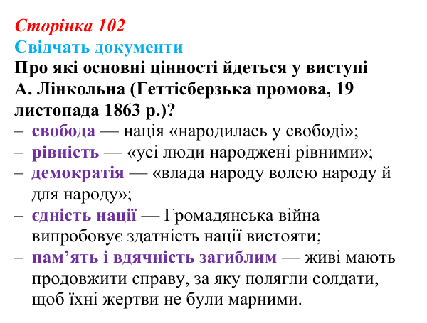 Відповідь до питання 1 на с. 102 (§ 15) зі всесвітньої історії для 9 класу, Щупак 2026: Громадянська війна в США...