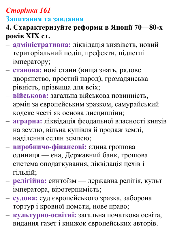 Відповідь до завдання 4 § 24 (с. 161) зі всесвітньої історії для 9 класу, Щупак 2026: «Доба Мейдзі» в Японській імперії