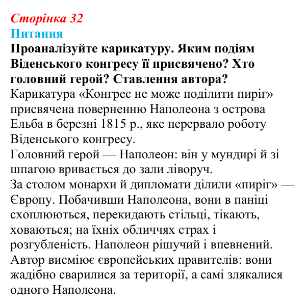 Відповідь до питання 1 на с. 32 (§ 5) зі всесвітньої історії для 9 класу, Щупак 2026: Віденський конгрес і його наслідки