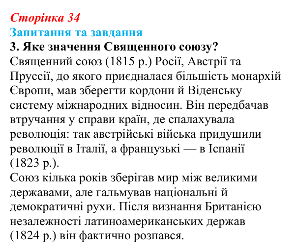 Відповідь до завдання 3 § 5 (с. 34) зі всесвітньої історії для 9 класу, Щупак 2026: Віденський конгрес і його наслідки