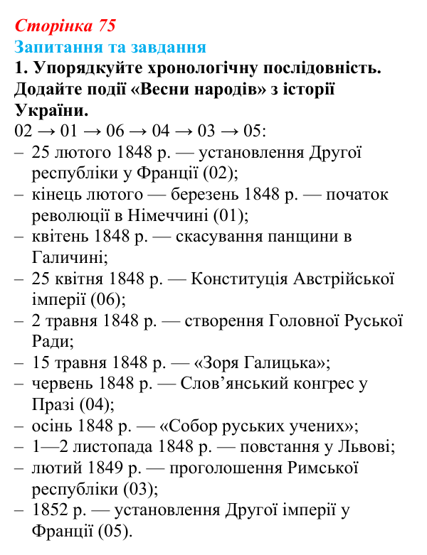 Відповідь до завдання 1 § 11 (с. 75) зі всесвітньої історії для 9 класу, Щупак 2026: «Весна народів». Революції 1848—1849...