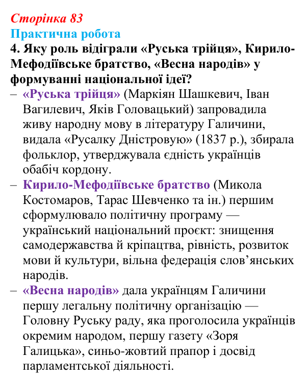 Відповідь до завдання 1.4 практичної роботи за розділом 2 (с. 83) зі всесвітньої історії для 9 класу, Васильків 2026