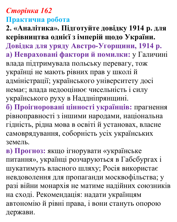 Відповідь до завдання 2.4 практичної роботи за розділом 4 (с. 162) зі всесвітньої історії для 9 класу, Васильків 2026