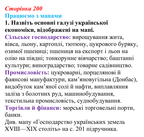Відповідь до завдання 1 до мапи II (с. 200) зі всесвітньої історії для 9 класу, Васильків 2026: Господарство українських...