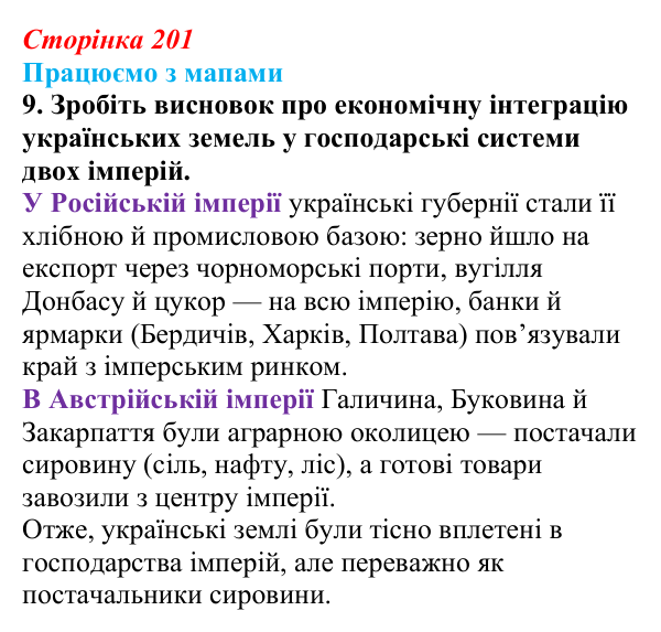 Відповідь до завдання 9 до мапи II (с. 201) зі всесвітньої історії для 9 класу, Васильків 2026: Господарство українських...