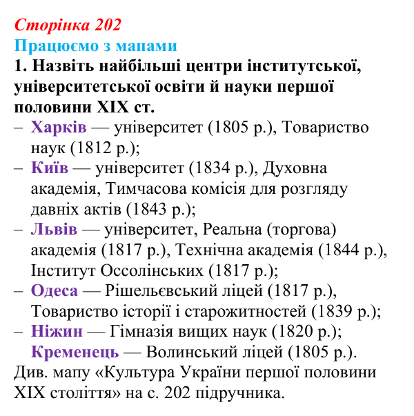 Відповідь до завдання 1 до мапи III (с. 202) зі всесвітньої історії для 9 класу, Васильків 2026: Культура України першої...