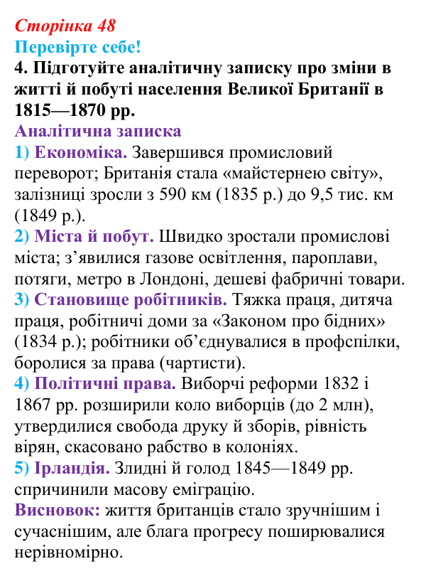 Відповідь до завдання 4 «Перевірте себе» § 5 (с. 48) зі всесвітньої історії для 9 класу, Васильків 2026: Велика Британія...