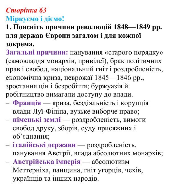 Відповідь до завдання 1 § 8 (с. 63) зі всесвітньої історії для 9 класу, Васильків 2026: «Весна народів» у Європі