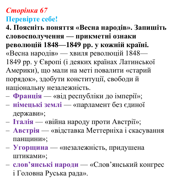 Відповідь до завдання 4 «Перевірте себе» § 8 (с. 67) зі всесвітньої історії для 9 класу, Васильків 2026: «Весна народів»...