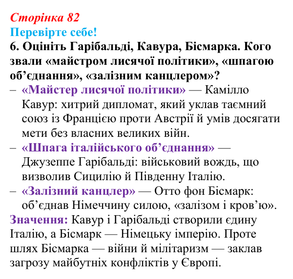 Відповідь до завдання 6 «Перевірте себе» § 10 (с. 82) зі всесвітньої історії для 9 класу, Васильків 2026: Об’єднання...