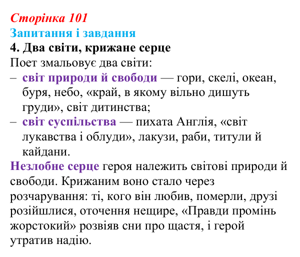 Сторінка 101, завдання 4 Відповідь до завдання 4 (с. 101) із зарубіжної літератури для 9 класу, Ковбасенко 2026: Байрон, вірші, «Мазепа»